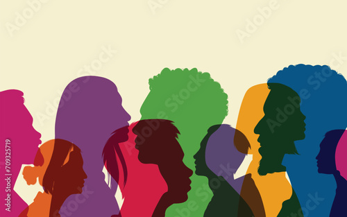 Different people stand side by side together. Group colored silhouette people from the side Men and women portraits. Community of colleagues or collaborators, inclusive education, diversity co-workers