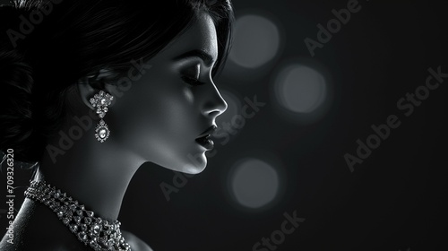 High contrast image of a woman's profile highlighting her exquisite jewelry and elegant hairstyle against a sleek monochrome backdrop. [Exquisite jewelry and elegant hairstyle fash photo