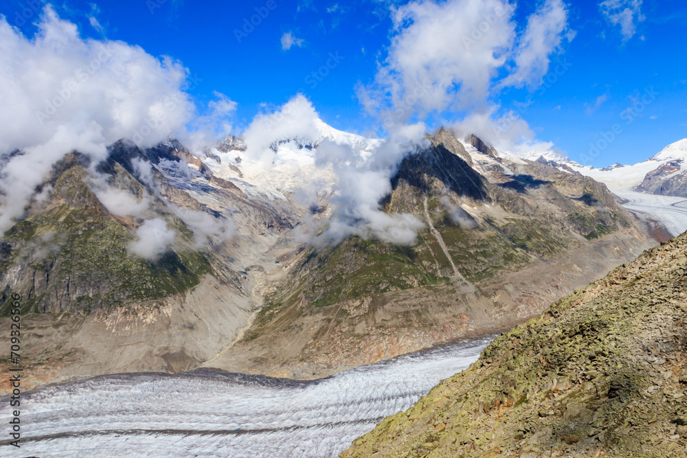 Beautiful view of the Great Aletsch Glacier in Valais canton, Switzerland. View from Eggishorn