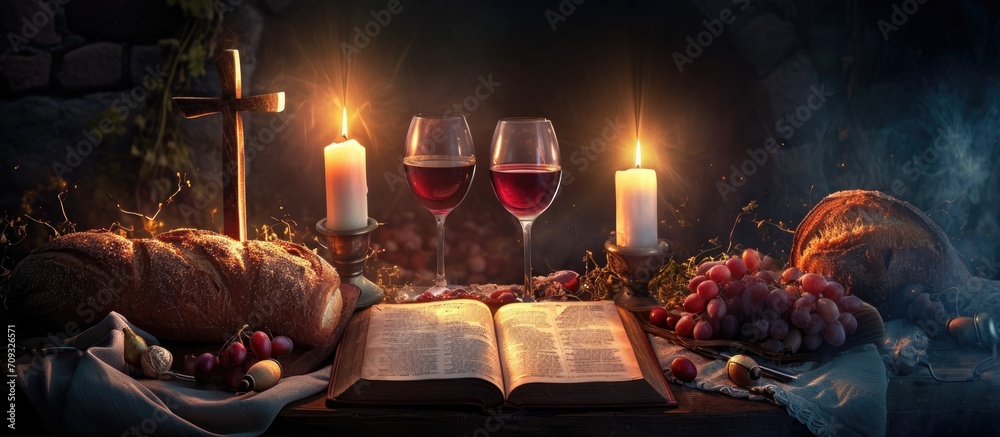 Symbolic Last Supper with wine, bread, suffering cross, candles, and ...