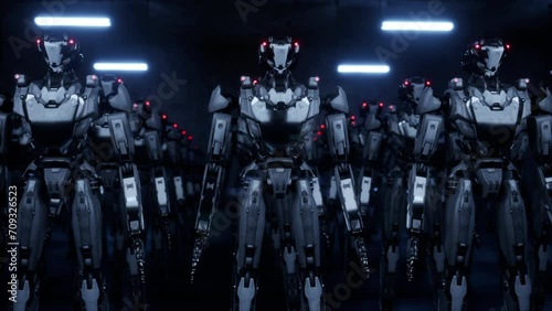 3d rendering of robotics army, industrial group of cyborg machines on factory background. Futuristic AI robotic team, artificial intelligence technology concept.
