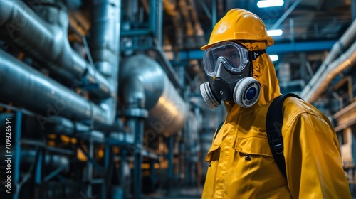 Man in a gas mask and respirator in a chemical factory.