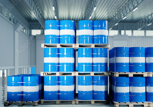 Blue barrels on pallets. Chemical products warehouse. Barrels inside industrial building. Storage of chemical liquids. Pallets with barrels inside hangar. Chemical factory storage area. 3d image