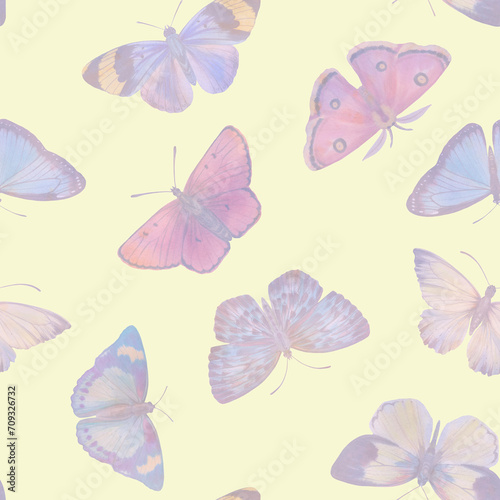 Abstract vintage print with colored butterflies, on a light background. Watercolor seamless background. Hand drawn illustration. Mixed media art