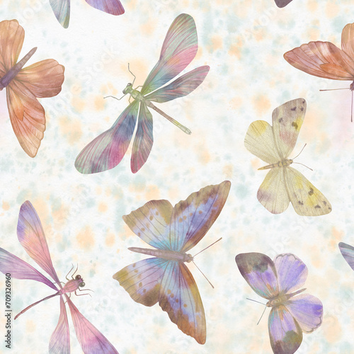 seamless pattern of colorful butterflies on an abstract background