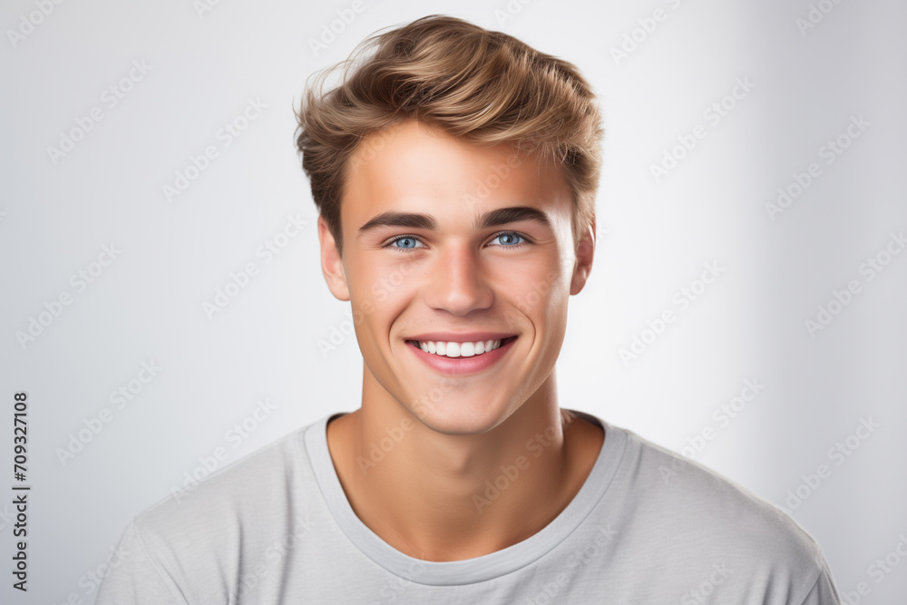 A photo portrait of a beautiful blond man over 18 years old, smiling with clean teeth, perfect teeth. To advertise dentistry. A photo portrait of a beautiful blond man over 18 years old, smiling with clean teeth, perfect teeth. To advertise dentistry.