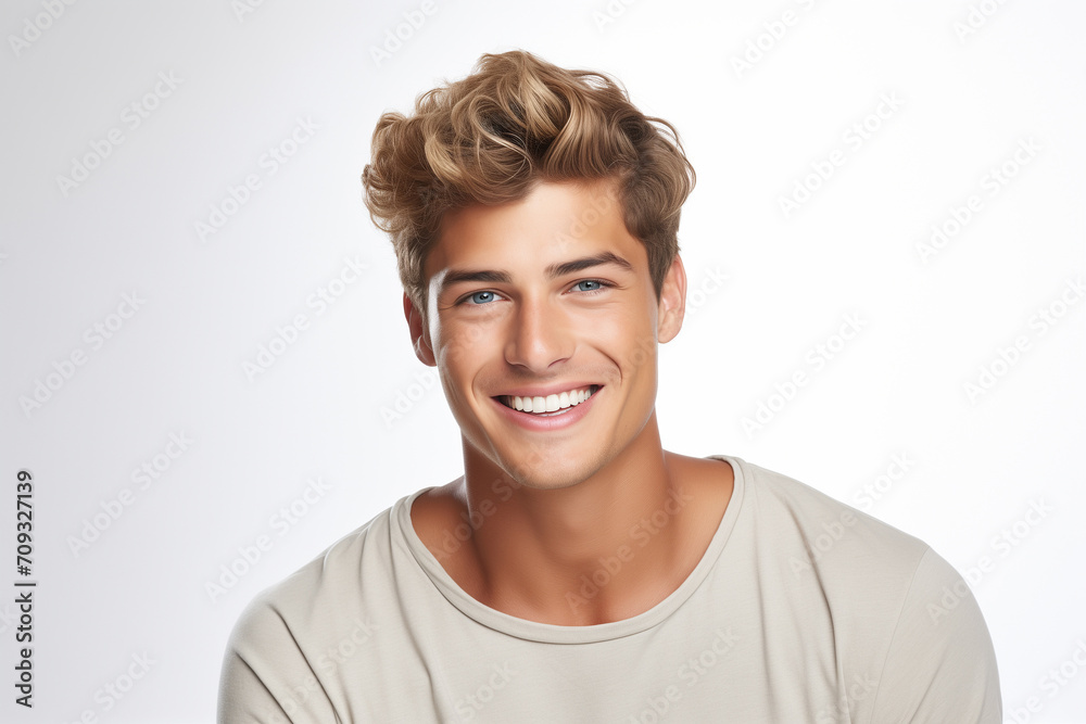 A photo portrait of a beautiful blond man over 18 years old, smiling, white background A photo portrait of a beautiful blond man over 18 years old, smiling, white background
