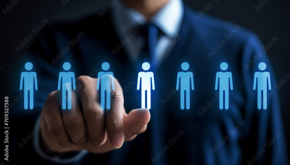 Businessman meticulously selecting an employee icon, embodying HR management concepts and recruitment. Strategic decision-making in human resources Businessman meticulously selecting an employee icon, embodying HR management concepts and recruitment. Strategic decision-making in human resources