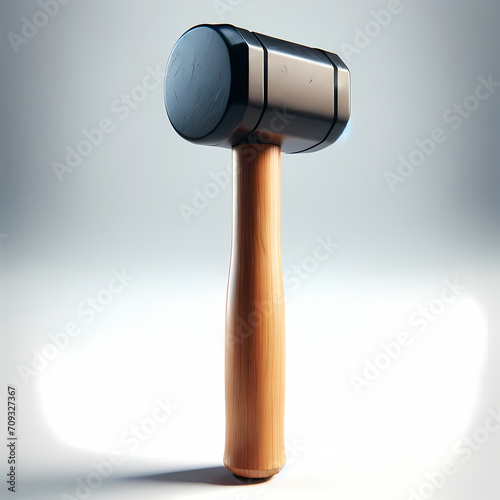 Highly detailed and realistic vertical image of a rubber mallet with a robust black head and a light brown wooden handle on a clean white background.