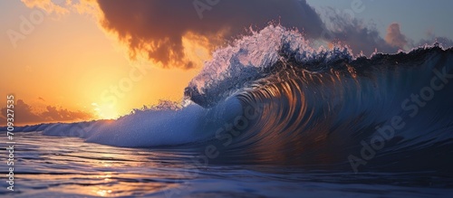 Giant wave crashing at sunset on the shore. photo