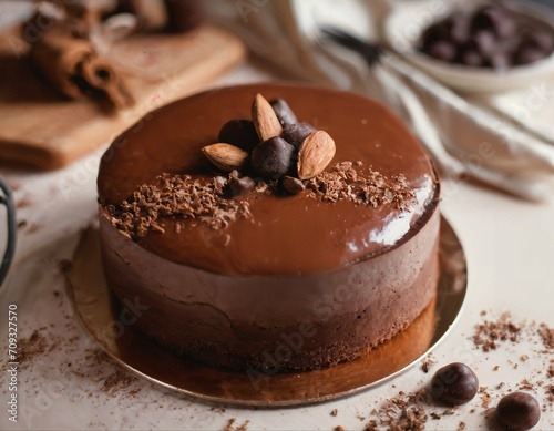 Hausgemachter Schokoladenkuchen mit Nüssen dekoriert photo