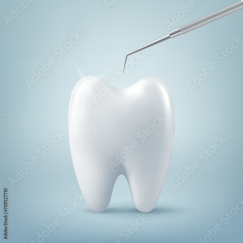 Vector 3d Realistic Tooth and Dental Probe for Teeth Closeup on Blue Background. Medical Dentist Tool. Design Template, Clipart, Mockup. Dentistry, Healthcare, Hygiene Concept