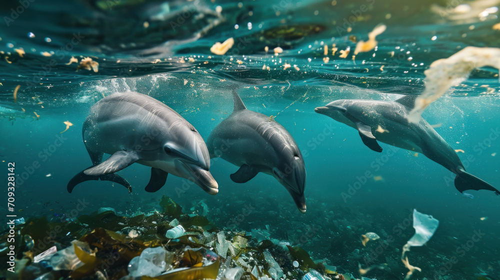 Dolphins in a polluted ocean. Ecology concept, pollution.