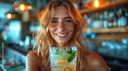 A beautiful bartender girl serves different cocktails at the bar. The concept of rest and weekends