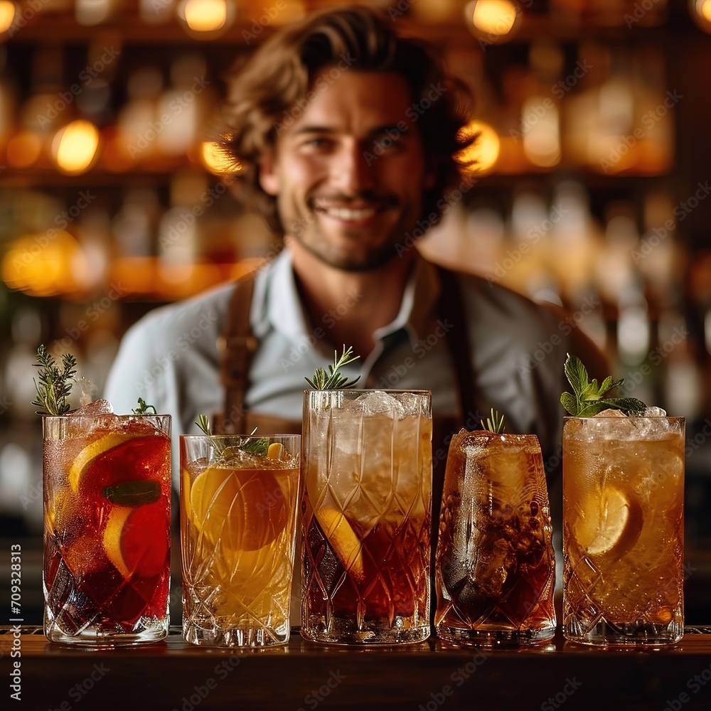 A handsome male bartender serves various cocktails at the bar. The concept of rest and weekends A handsome male bartender serves various cocktails at the bar. The concept of rest and weekends