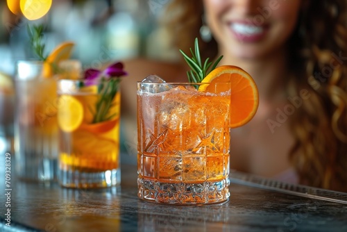 A beautiful bartender girl serves different cocktails at the bar. The concept of rest and weekends