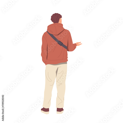 Young man cartoon character wearing sportive hoodie talking to someone standing back on white