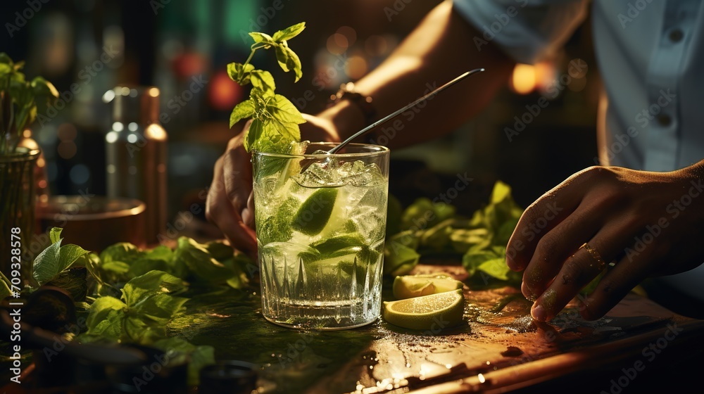The bartender prepares a mojito cocktail at the bar. The concept of rest and weekends - obrazy, fototapety, plakaty 