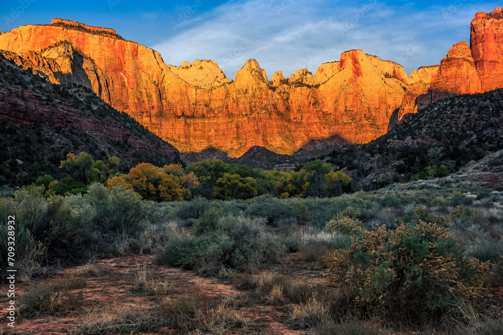 Sunrise on the West Temple and Mountains of Zion, Zion National Park, Utah