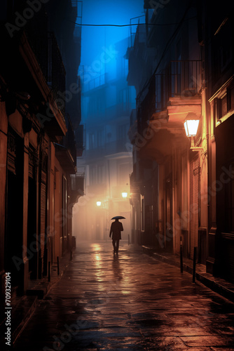 Mysterious figure walking on a foggy street at night Generative AI image photo
