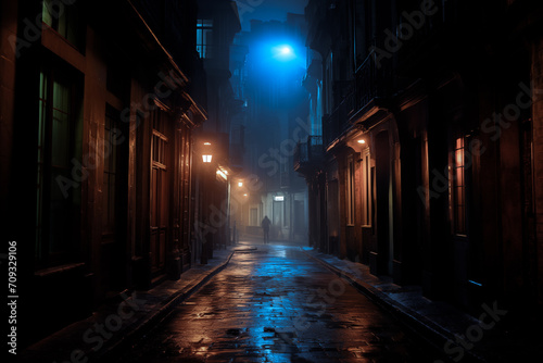 Misty Night in a Narrow City Alleyway Generative AI image photo