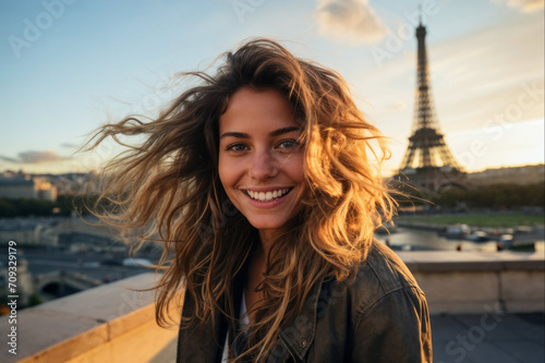 Joyful woman with windswept hair in Paris at sunset Generative AI image photo