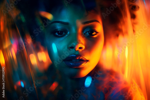 Neon glow illuminates the beauty of a young woman Generative AI image photo