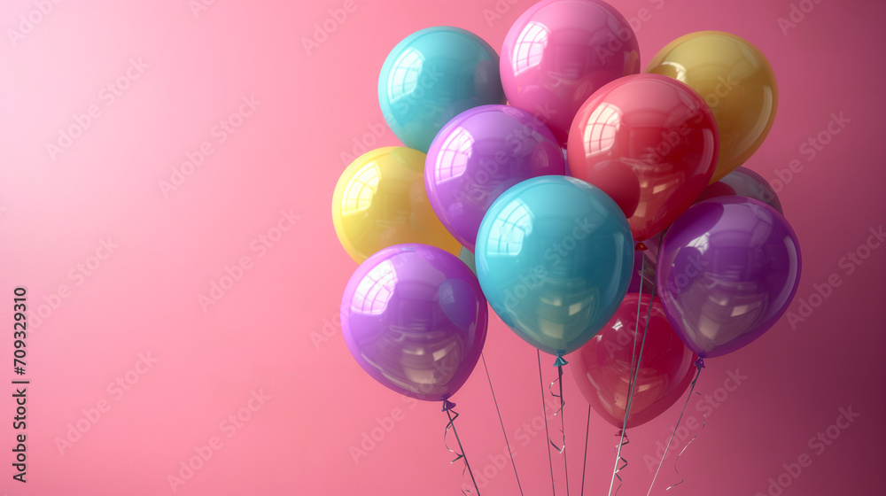 A bunch of multicolored balloons with helium on a pink background. balloons for birthday, party, wedding or promotion banners or posters.