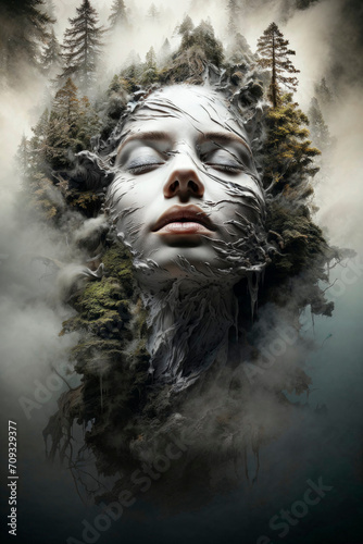 Surreal forest emerging from woman's tranquil face Generative AI image photo