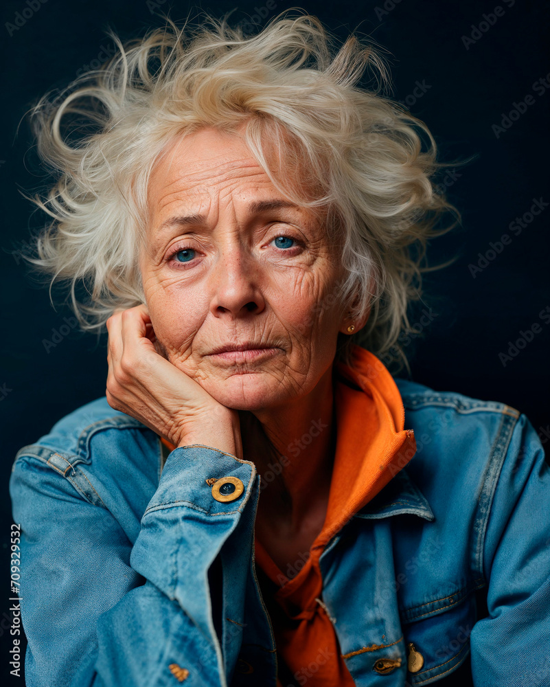 Thoughtful elderly lady with striking blue eyes and white hair ...