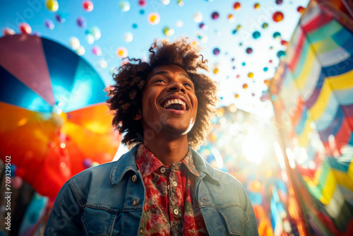 Joyful young man with colorful confetti and umbrellas Generative AI image photo