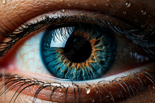 Close-up of blue human eye with intricate iris patterns Generative AI image