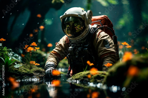 Astronaut exploring a lush forest landscape Generative AI image photo