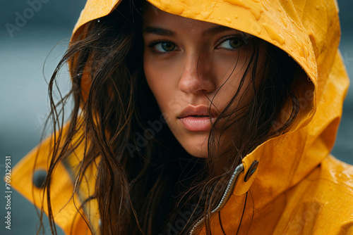 Intense gaze of woman in yellow raincoat Generative AI image photo