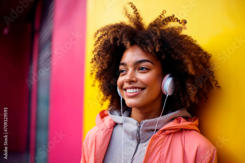 Young woman enjoying music with headphones outdoors Generative AI image photo