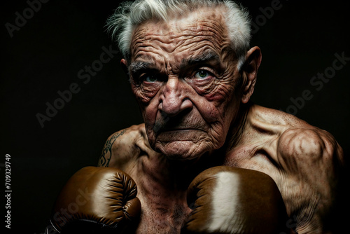 Elderly boxer posing with determination and strength Generative AI image photo