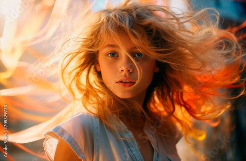 Ethereal beauty captured with dynamic hair and warm light Generative AI image photo