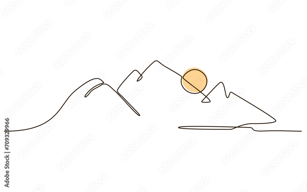 Sun and mountains continuous one line icon drawing on white background. Hot temperature and travel symbol vector illustration in doodle style. Summer sun contour line sign Sun and mountains continuous one line icon drawing on white background. Hot temperature and travel symbol vector illustration in doodle style. Summer sun contour line sign