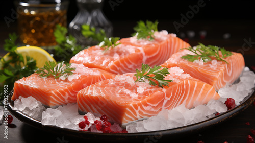 Raw salmon fillet with herbs and spices ready for baking on stone background. Fresh raw salmon. Delicious salmon fillet, rich in omega 3 oil, aromatic spices and lemon. Healthy food, diet and cooking