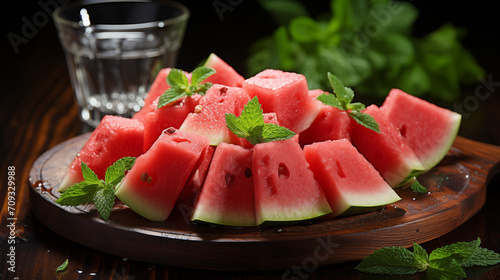 Fresh sliced watermelon on dark background. Delicious watermelon slices on a plate. 