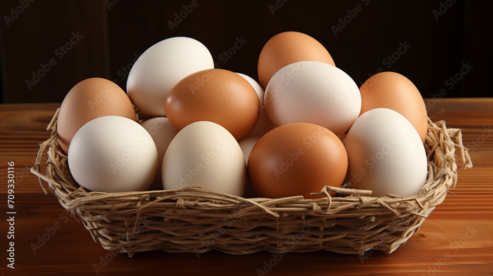 Fresh chicken eggs in a basket on straw on the farm. Rustic style. Fresh chicken eggs in a basket on straw on the farm. Rustic style.