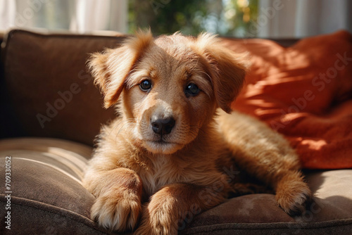 Adorable Puppy Lounging on a Cozy Sofa Generative AI image photo