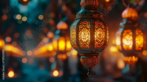 Lantern on the wooden table with blurred background. Ramadan Kareem concept.