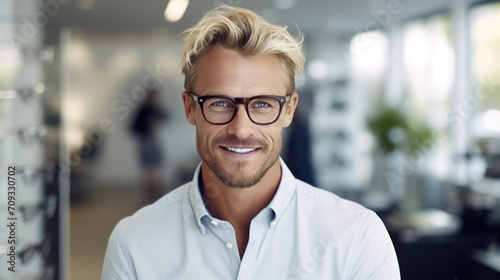 Man is choosing glasses in optics store.