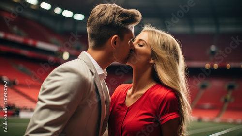 Young couple watching sport soccer match in football stadium with blurred supporters around - Happy people having fun together on weekend sporty event - Love and game concept - Focus on man face photo