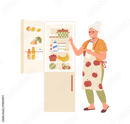 Grandmother cartoon character taking ingredients for food preparation looking at opened refrigerator