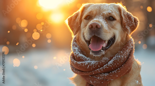 A cheerful dog outside a walk in the morning in .merry Christmas and happy new year greeting card.