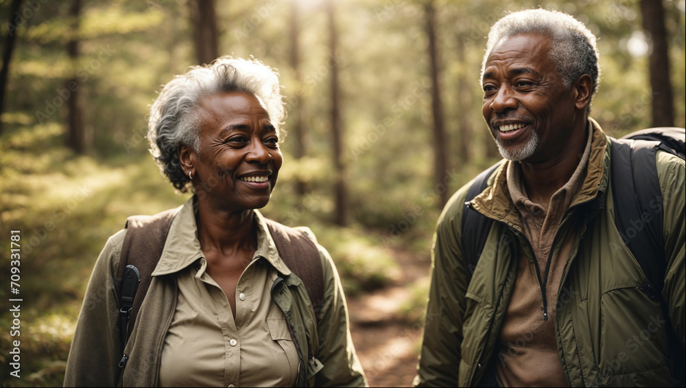 AI generated illustration of a happy black elderly couple hiking in a sunny forest AI generated illustration of a happy black elderly couple hiking in a sunny forest