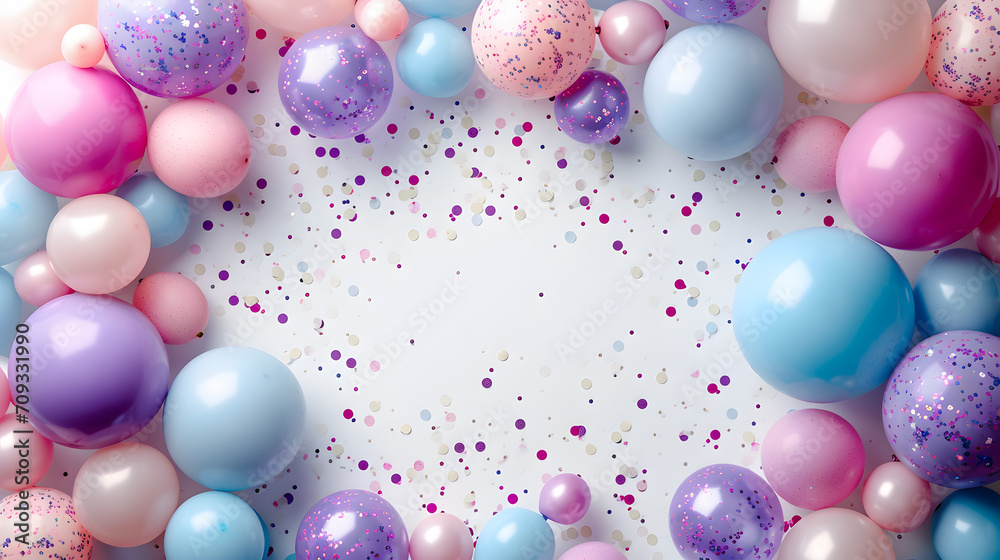 balloon banner green purple border frame on white background. copy space concept of spring sale grand opening, Easter ad, birthday poster balloon banner green purple border frame on white background. copy space concept of spring sale grand opening, Easter ad, birthday poster