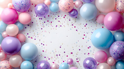 balloon banner green purple border frame on white background. copy space concept of spring sale grand opening, Easter ad, birthday poster